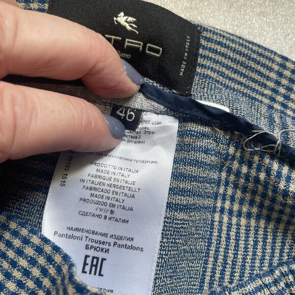 Etro Pants Womens 46 Blue Tan Plaid Trousers Cropped Drawstring Pockets Italy - Picture 5 of 10